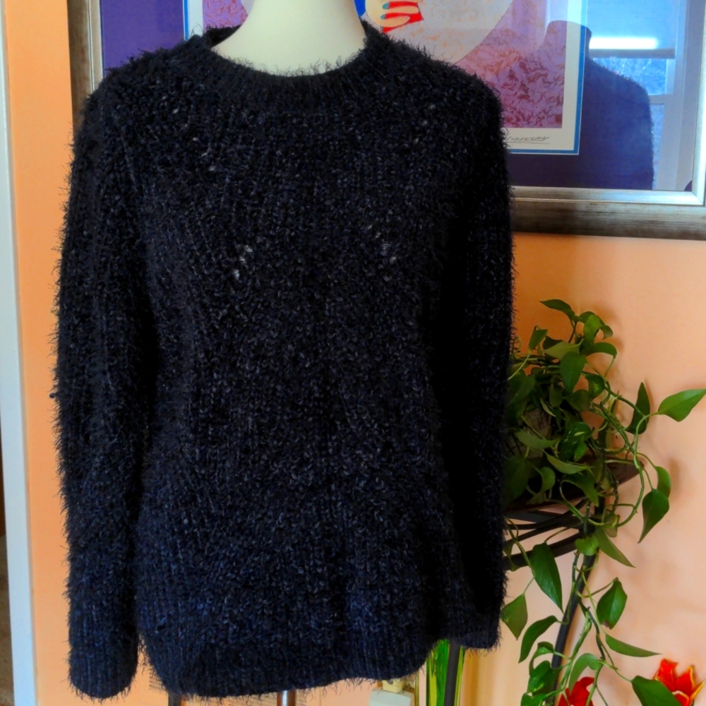 Darkest Blue Black Sweater Nubby Large